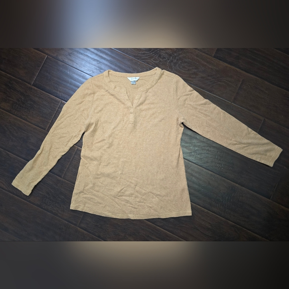 Christopher & Banks Womens Tan Waffle Y2K V Neck Long Sleeve Top - Picture 2 of 10